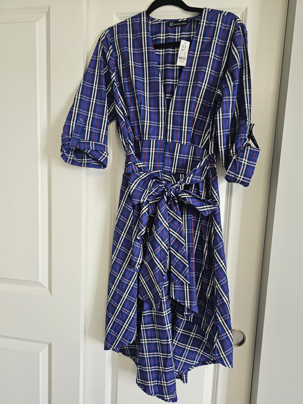 New York & Company Blue Plaid High-Low Wrap Dress